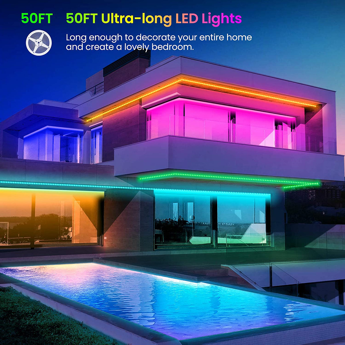 "Colorful 50 FT Bluetooth LED Strip Lights with Music Sync and Remote Control"