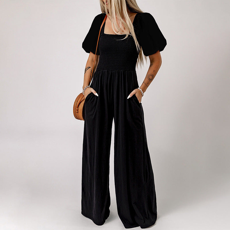 Square Collar Midriff Mid-Sleeve Wide Leg Jumpsuit