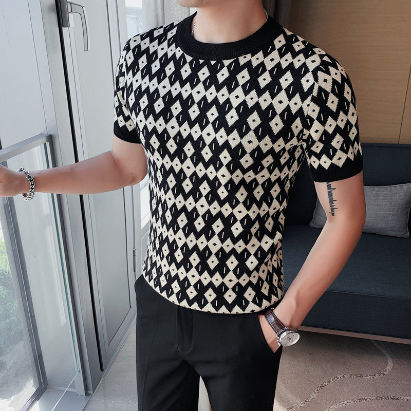 Diamond Pattern Thin Crew Neck Sweater