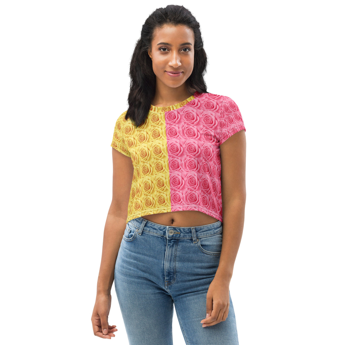 The Bundle of Roses Crop Tee - Pink/Yellow, Women's Fit