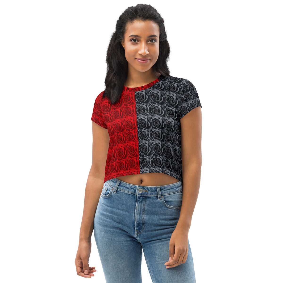 The Bundle of Roses Crop Tee - Red/Black, Women's Fit