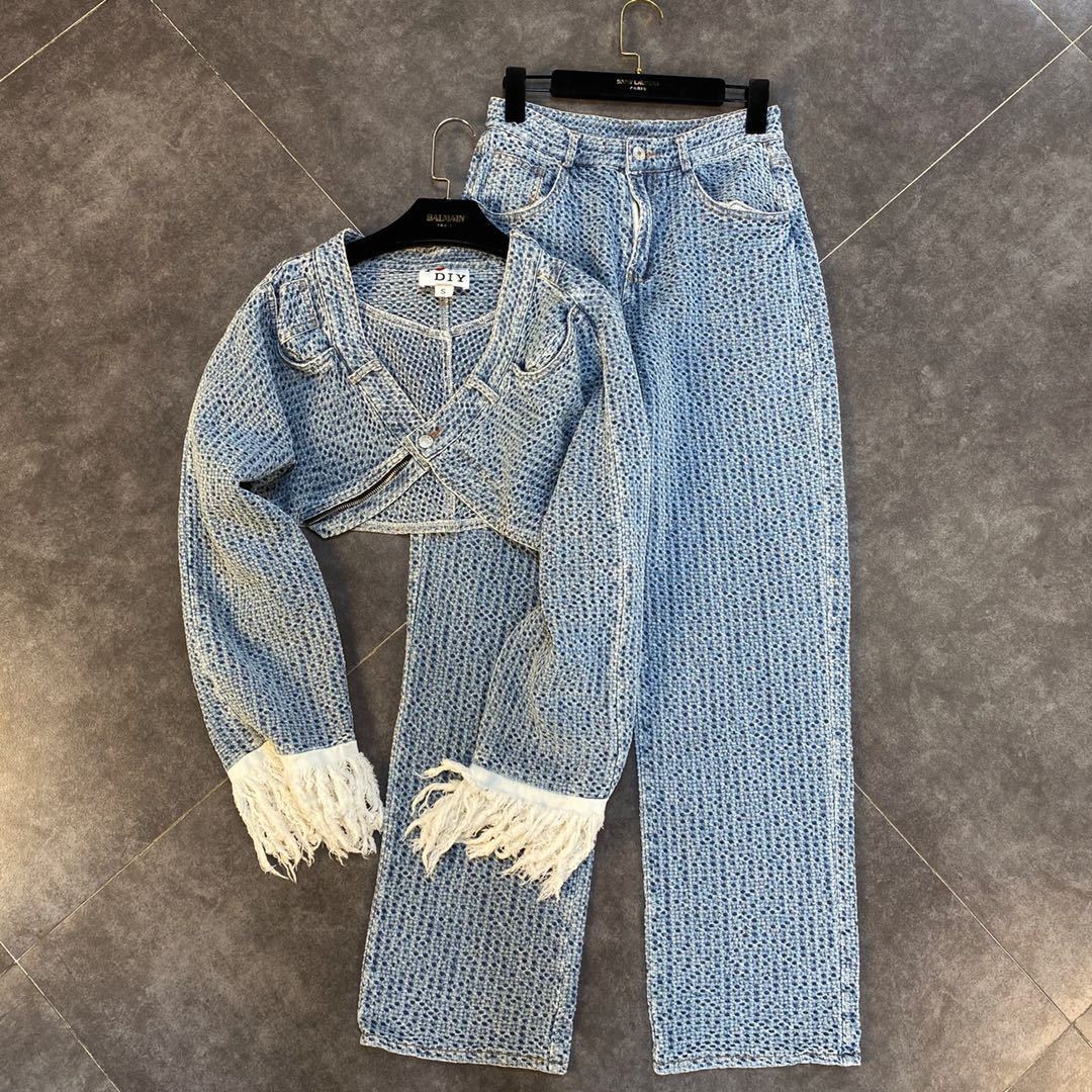 Textured Two-Piece Tasseled-Sleeve Short Coat and High-Rise Waist Wide Leg Jeans Set