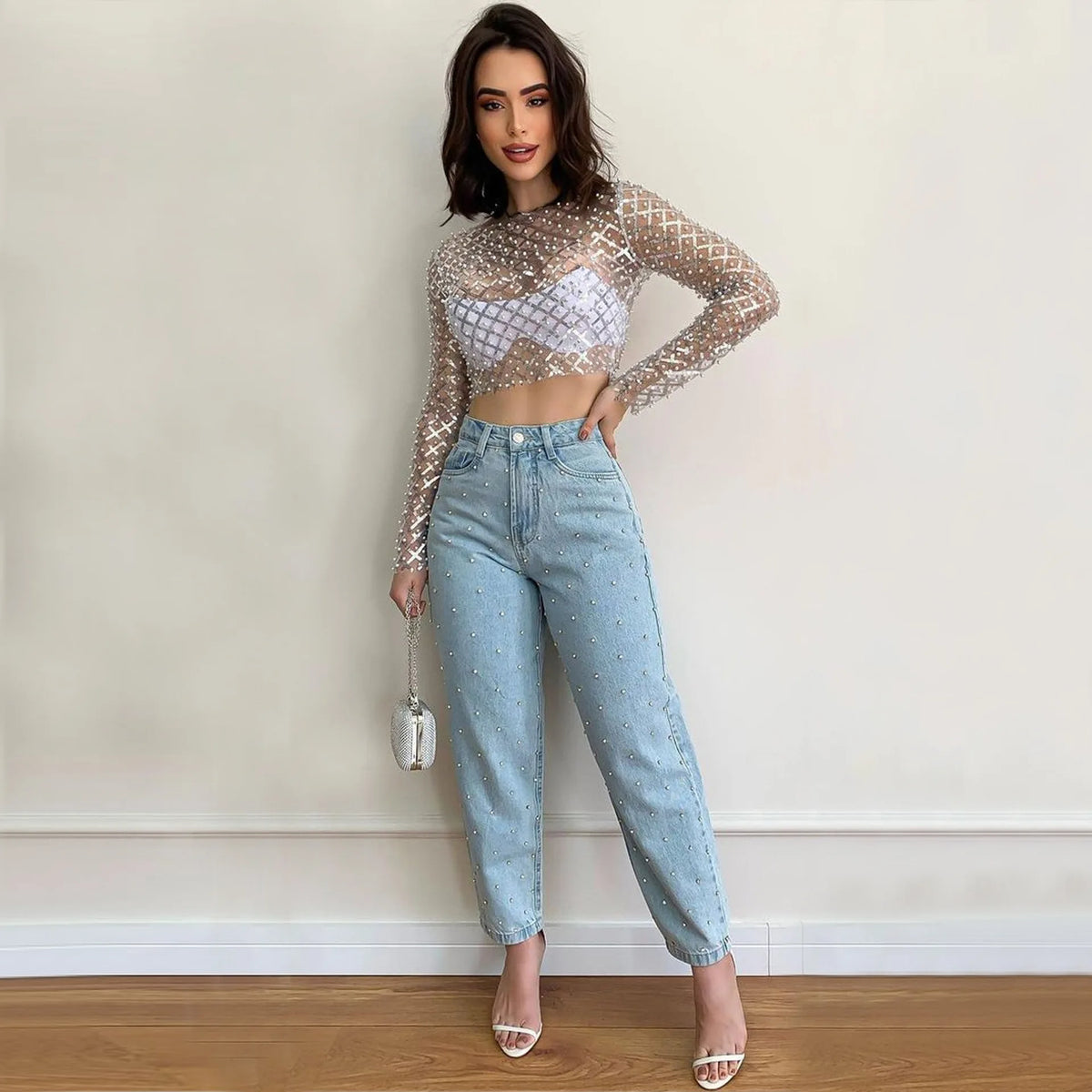 Edgy Chic Mesh Studded Sequin Cropped Shirt