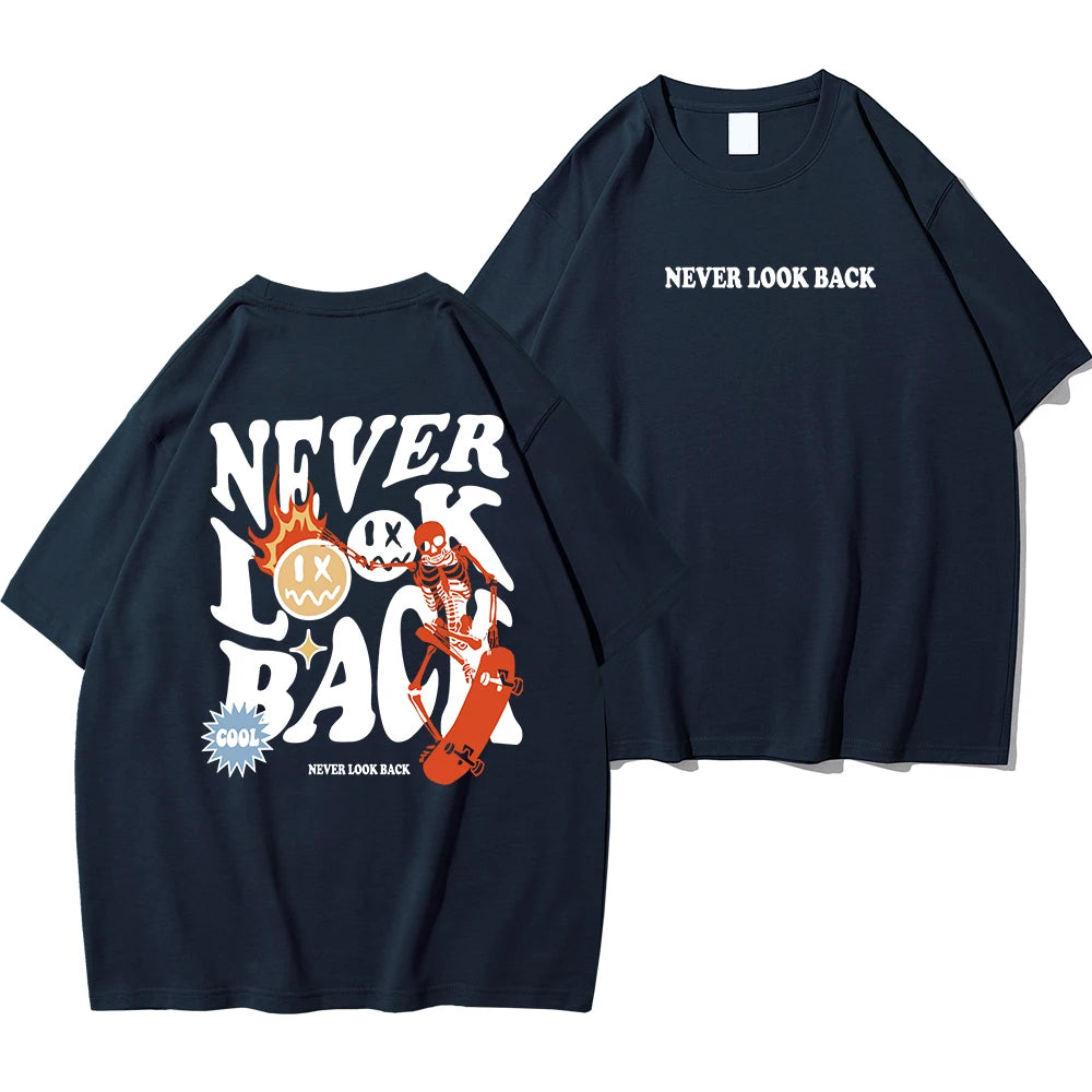 Never Look Back Cartoon Skeleton Crewneck Loose Tee