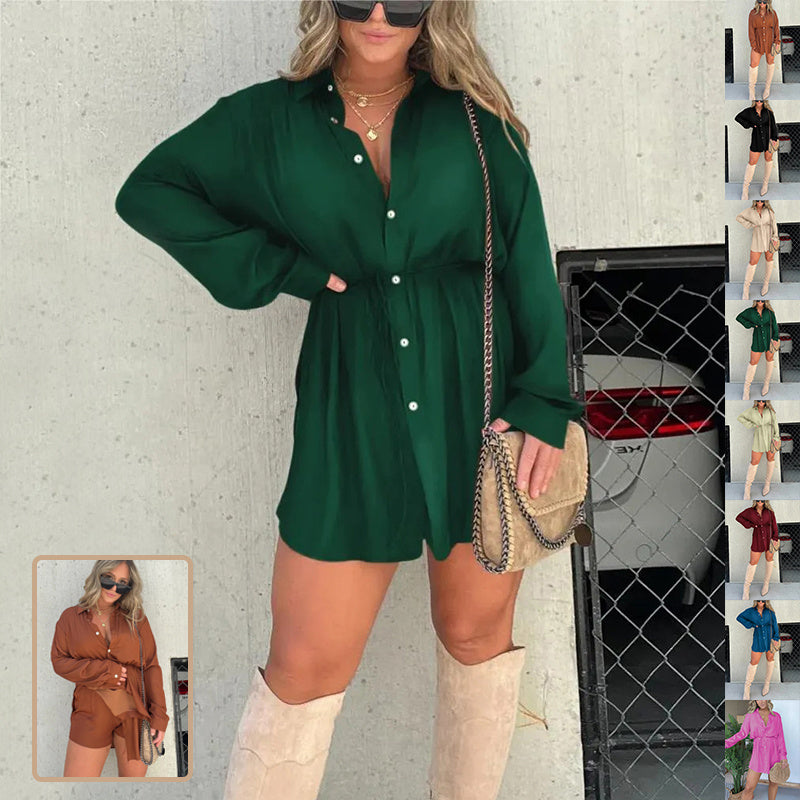 Spandex Long Sleeve Buttoned Lace Shirt Dress and Shorts Set