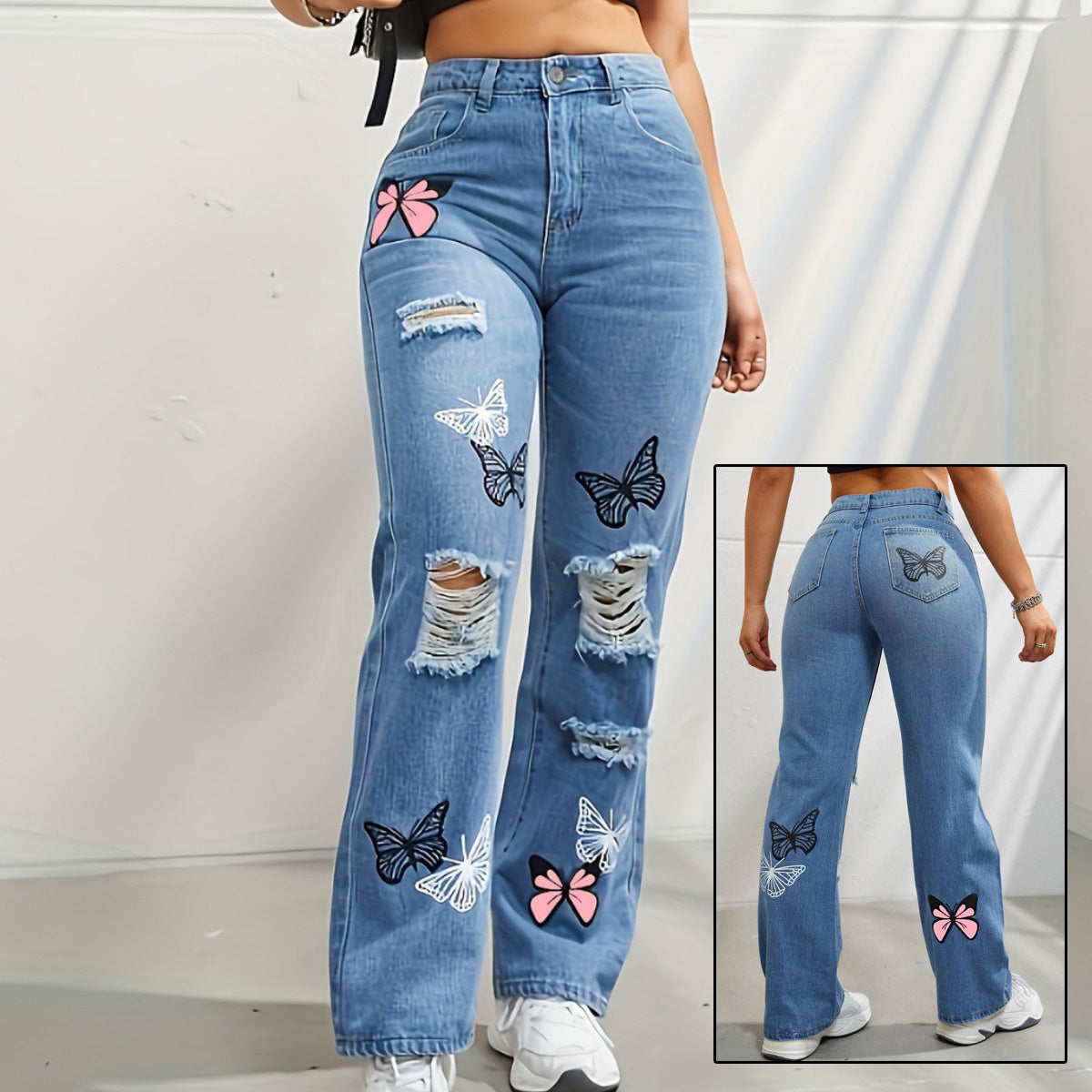 Distressed High Waisted Straight Leg Butterfly Print Jeans