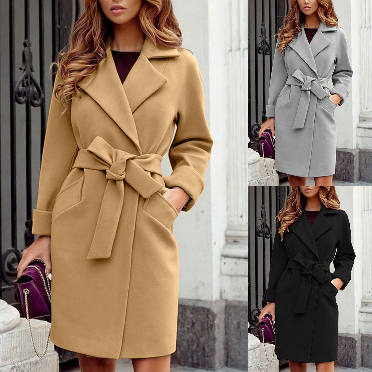 Chic Ribbon Belt Lapel Woolen Jacket