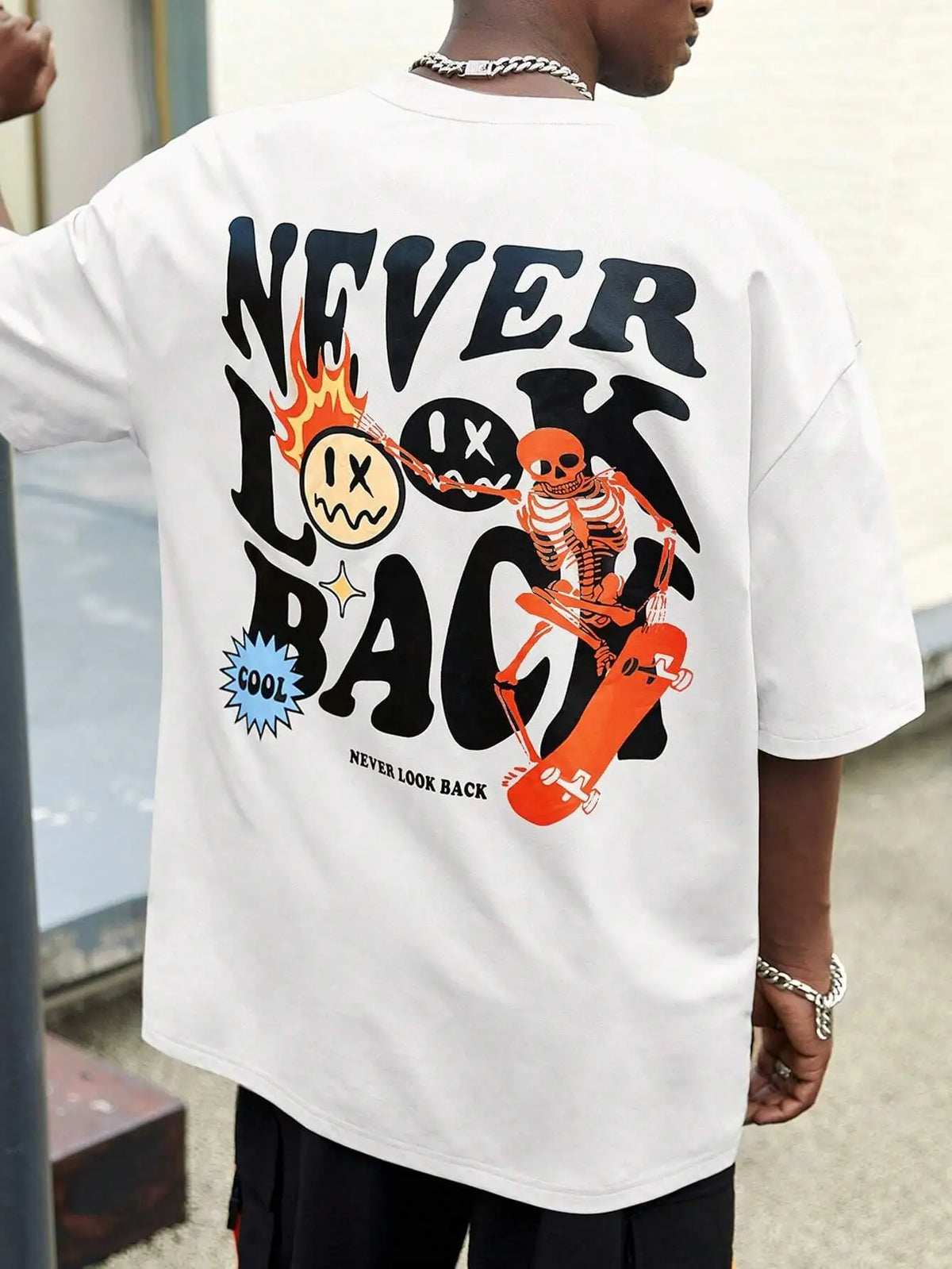 Never Look Back Cartoon Skeleton Crewneck Loose Tee