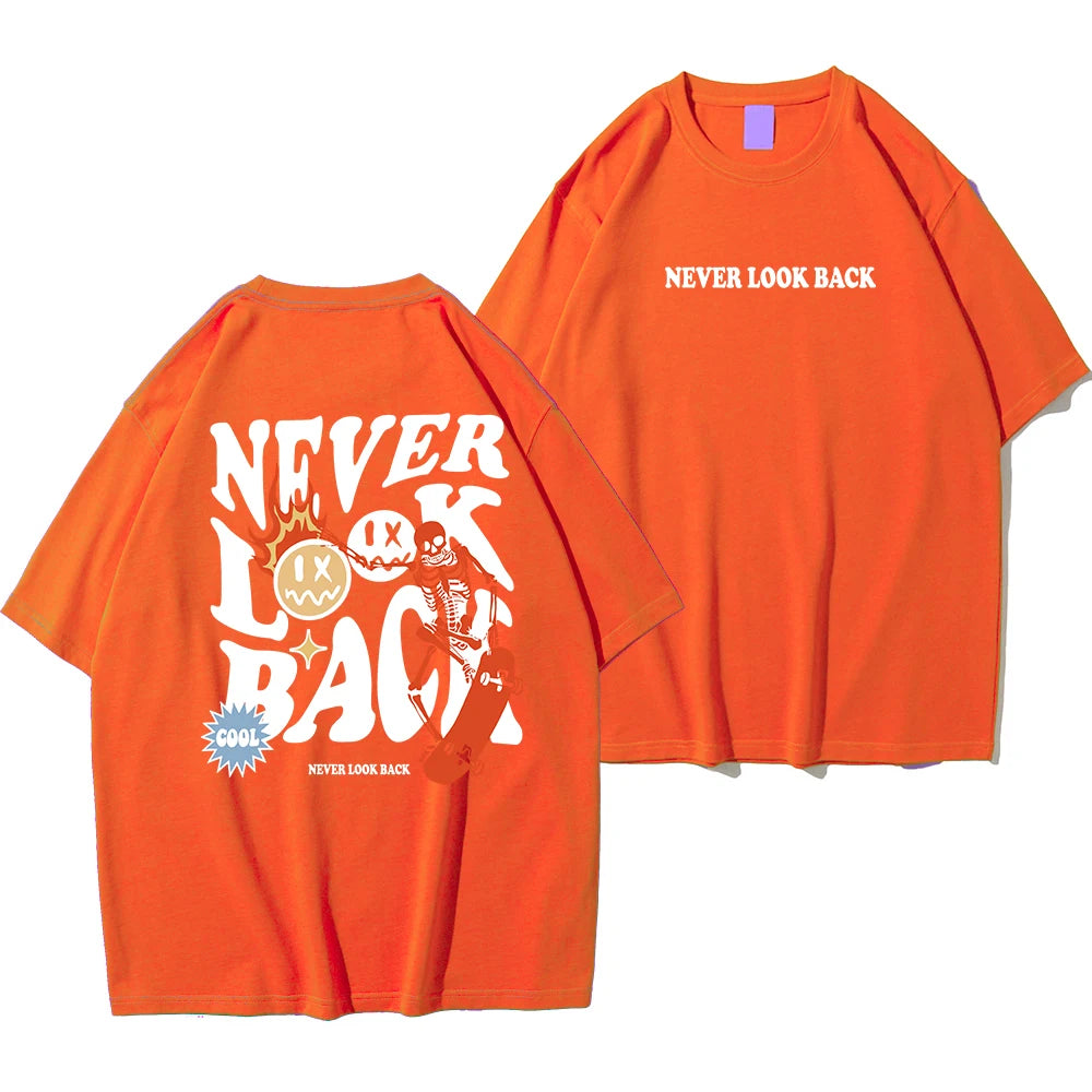 Never Look Back Cartoon Skeleton Crewneck Loose Tee