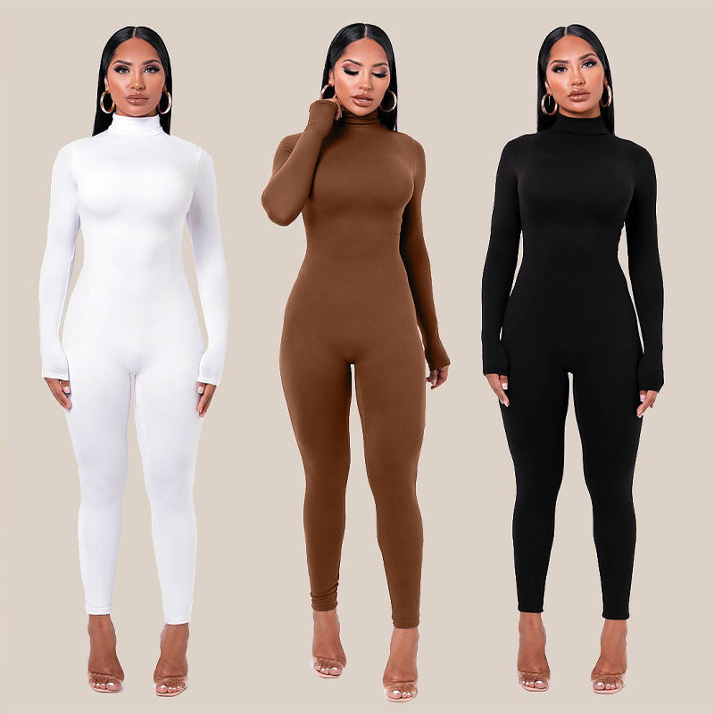 Solid Body Fitted Fleece-lined Turtleneck Jumpsuit