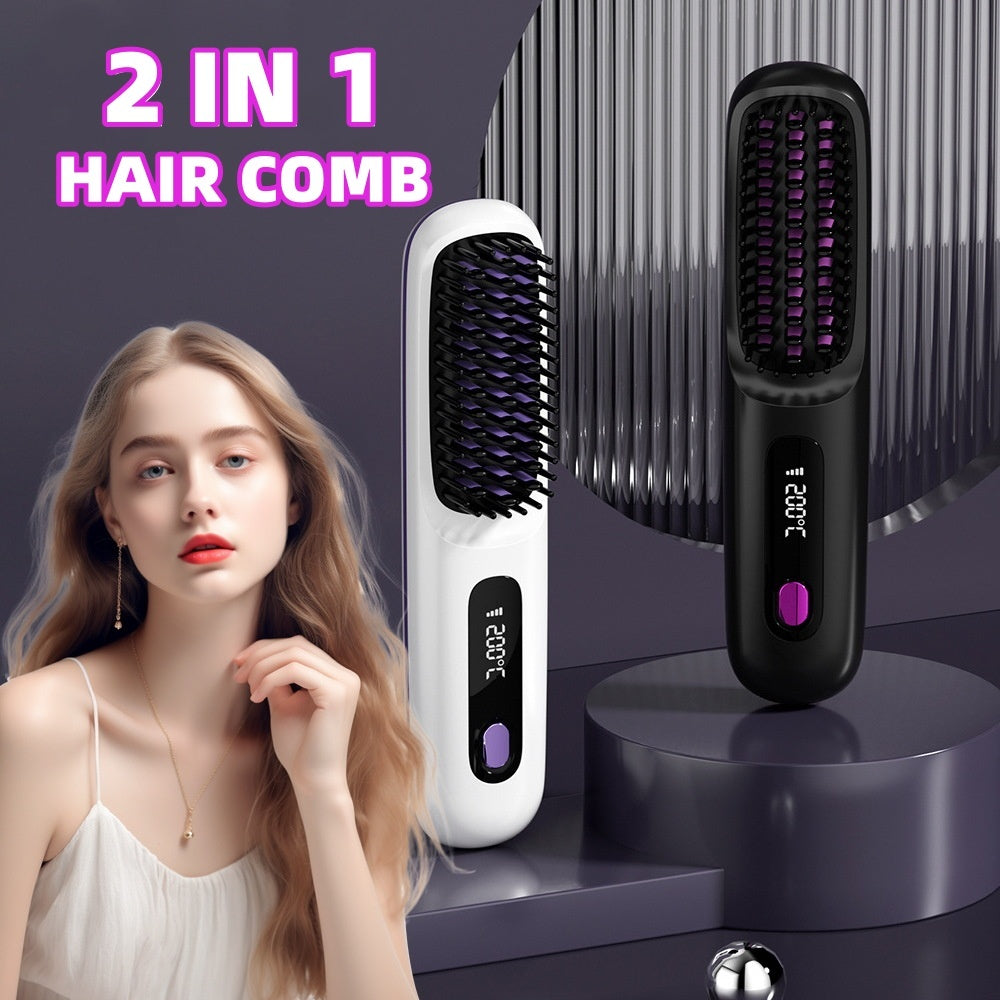 USB Charging Wireless 2-In-1 Heating Hair Straightening Brush