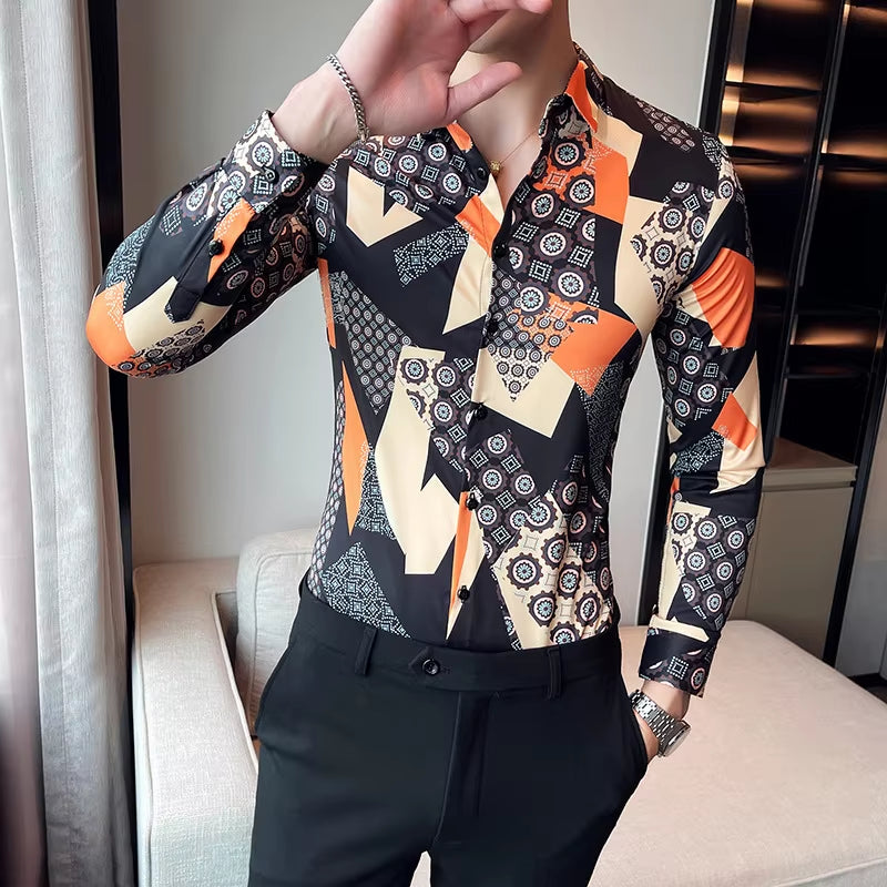 Premium Geometric Retro Print Men's Fashion Button-Up Shirt