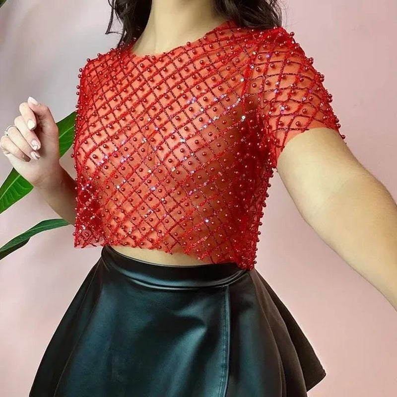 Edgy Chic Mesh Studded Sequin Cropped Shirt