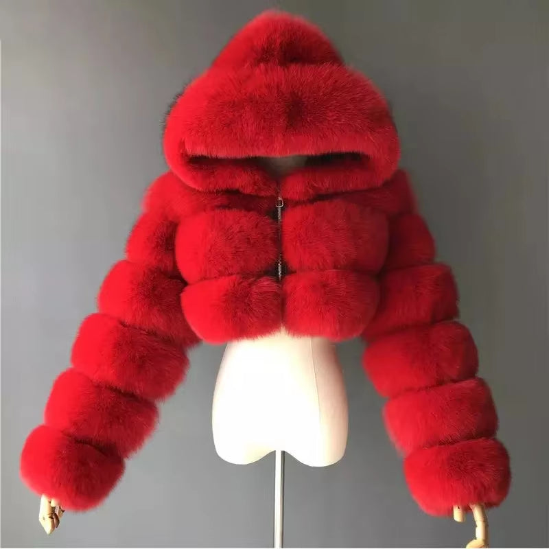 Hooded Fluffy Cropped Faux Fur Coats 