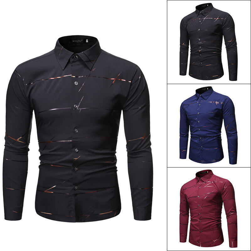 Fashionable Henry Collar Line Bronzing Buttoned Shirt