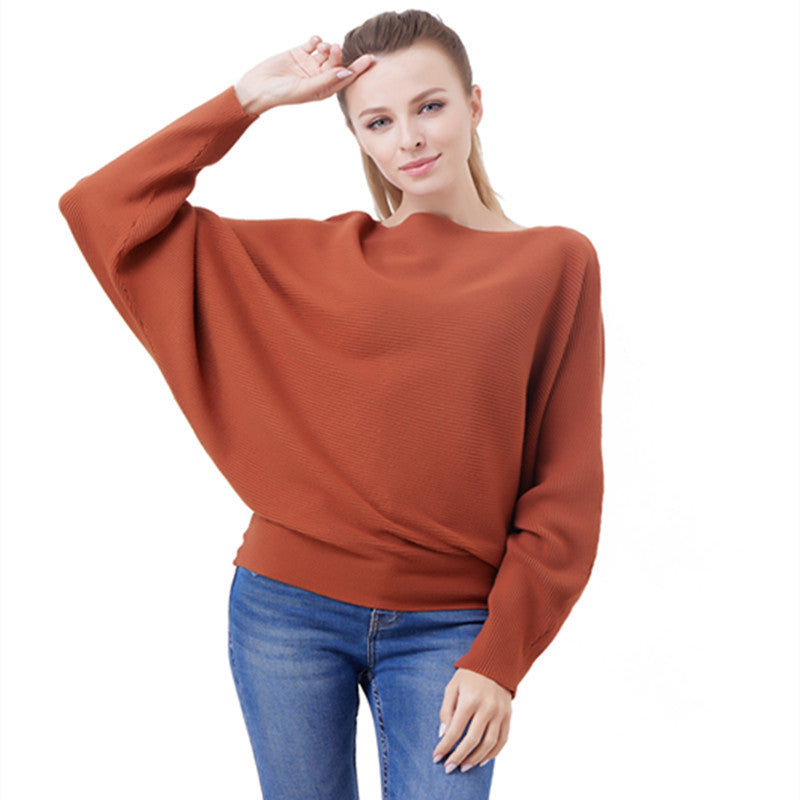 Wide-Neck Bat Sleeve Loose Threaded Top