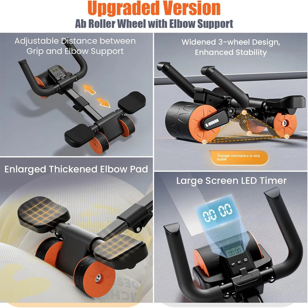 Tri-Wheel AB Roller with Elbow Support and Automatic Timer Rebound 