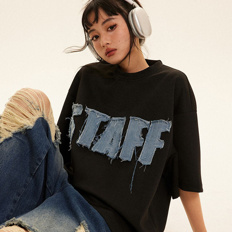 Unisex Vintage Embroidered Patch Loose Short Sleeve T-Shirt
