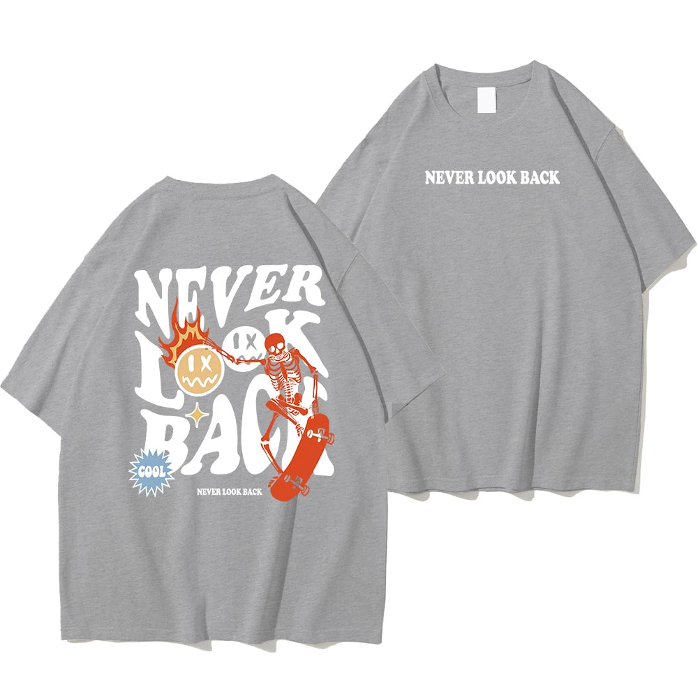 Never Look Back Cartoon Skeleton Crewneck Loose Tee