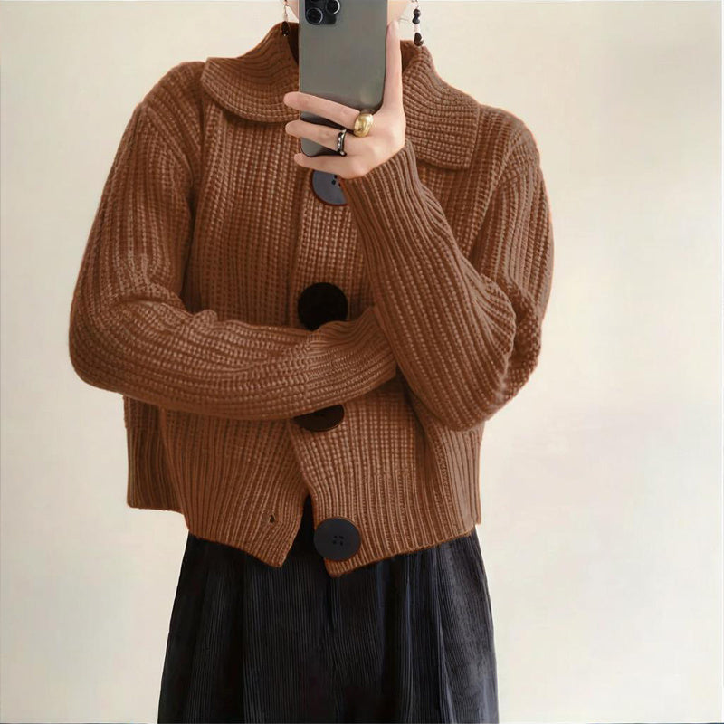 Women's Solid Color Large Button Single-Breasted Ribbed Knit Long-Sleeve Cardigan