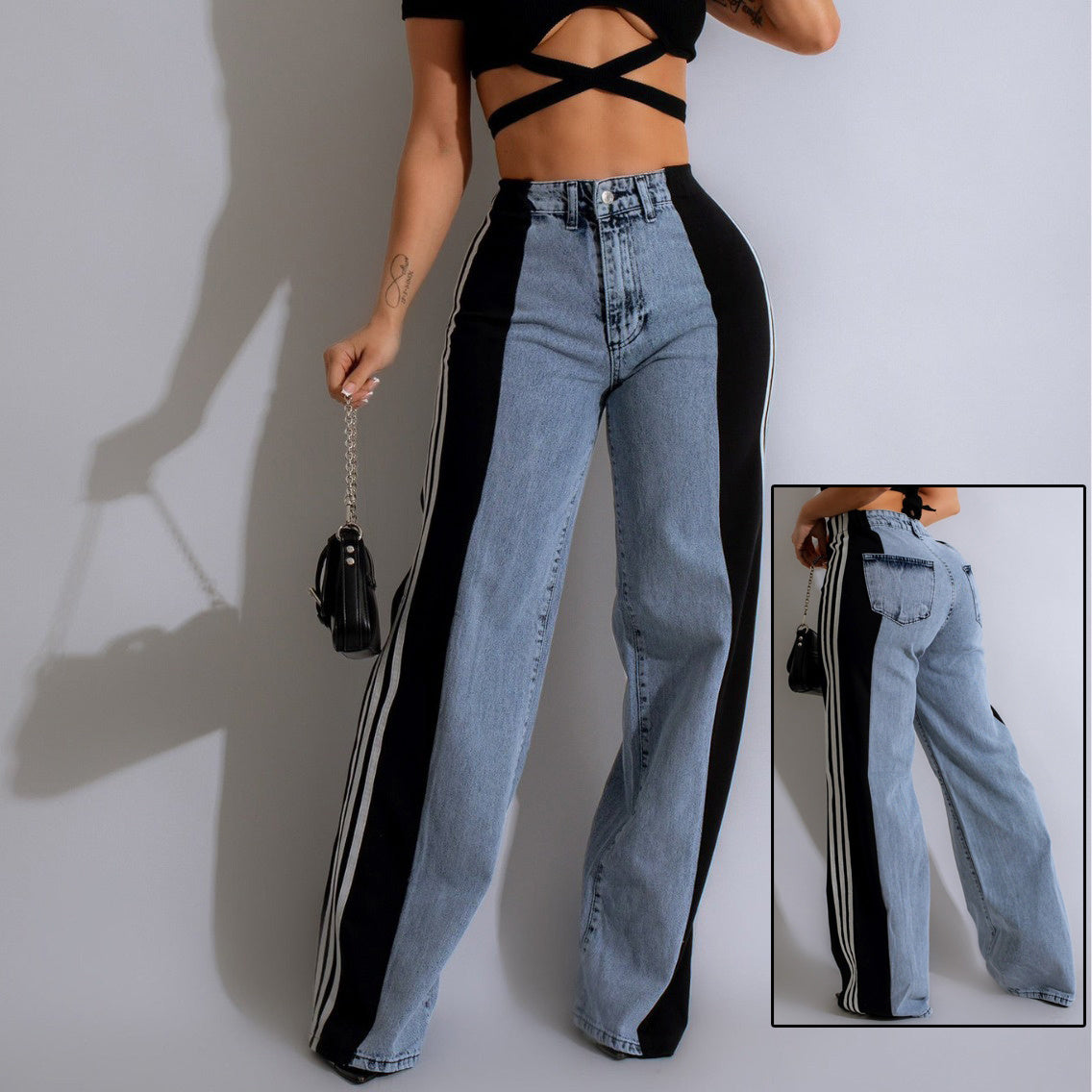 High-Waist Wide Leg Striped Denim Jeans