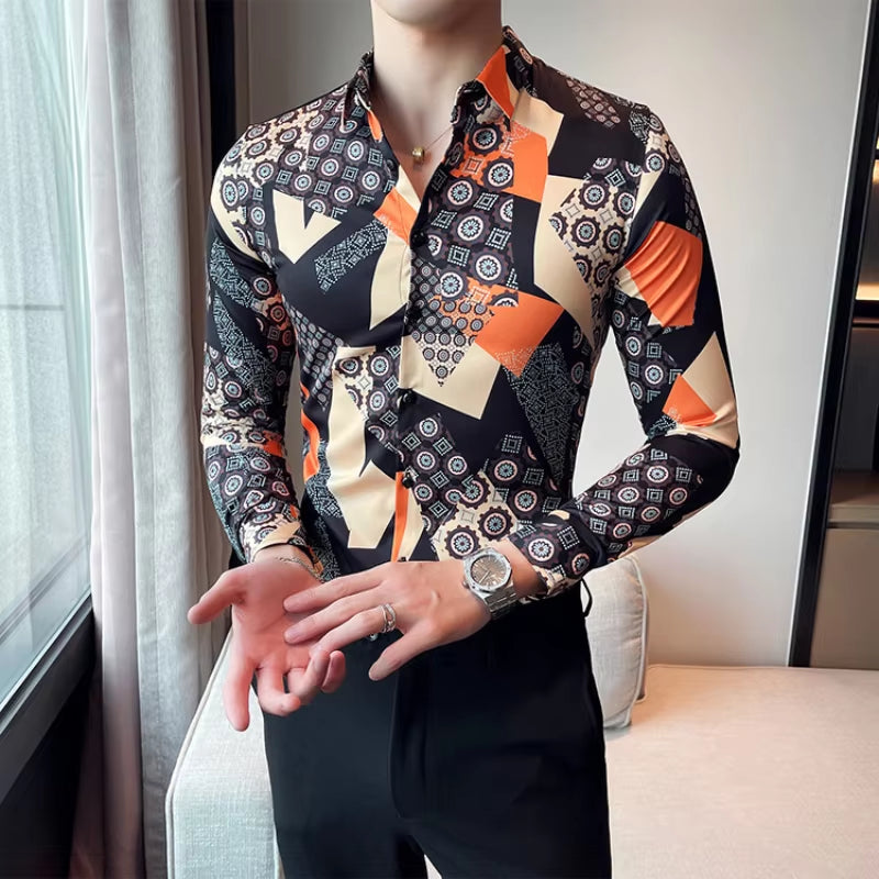 Premium Geometric Retro Print Men's Fashion Button-Up Shirt