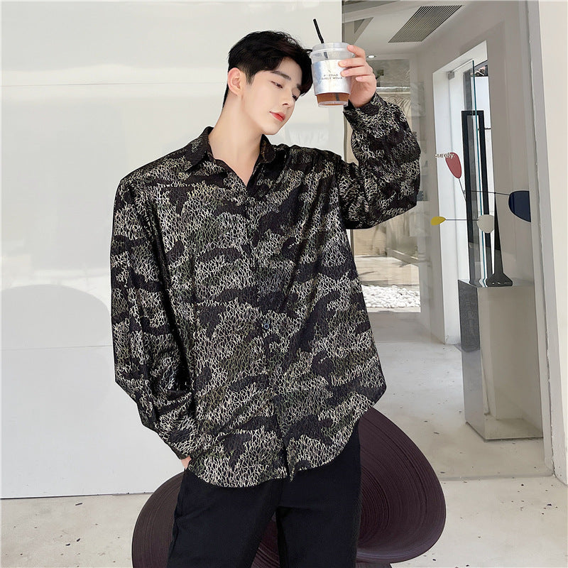 Fashionable Camouflage Bright Silk Jacquard Casual Shirt For Men