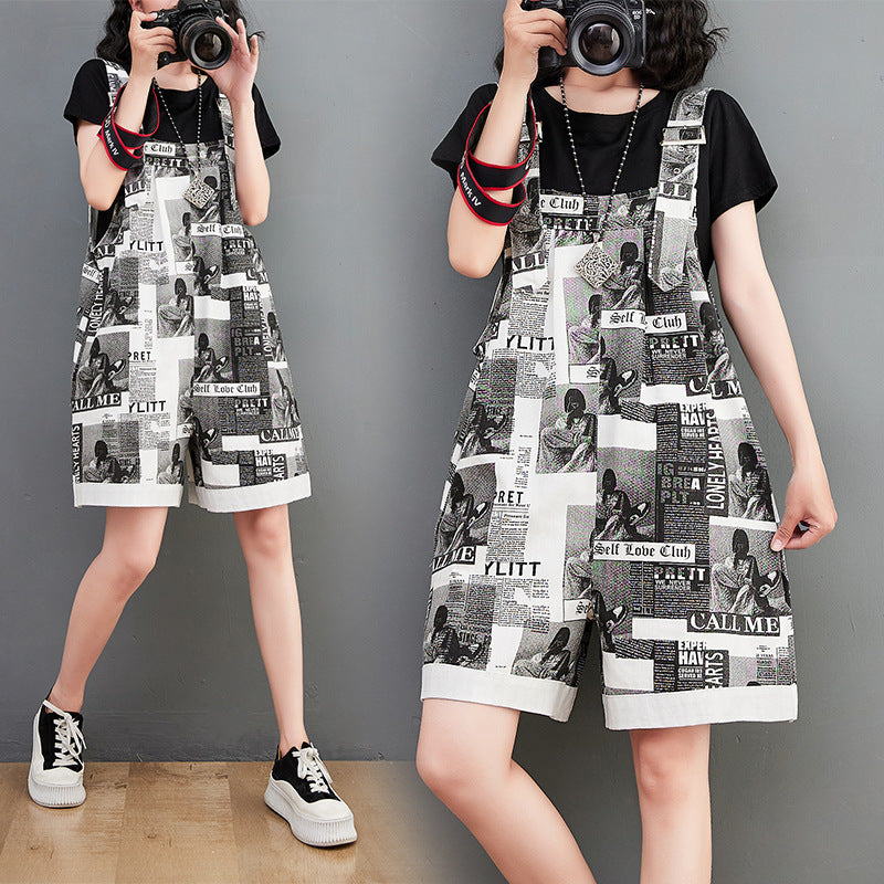 Newspaper Print Fashion Overall Bib Shorts Jumpsuit
