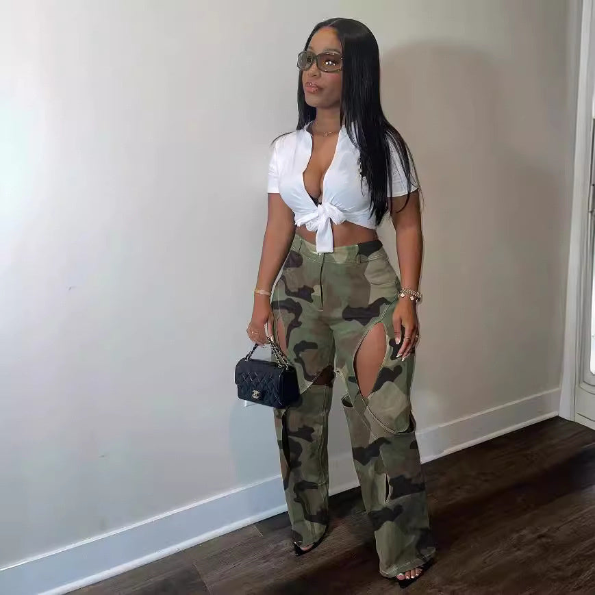 Straight-Leg Cross Slit Camo Pants