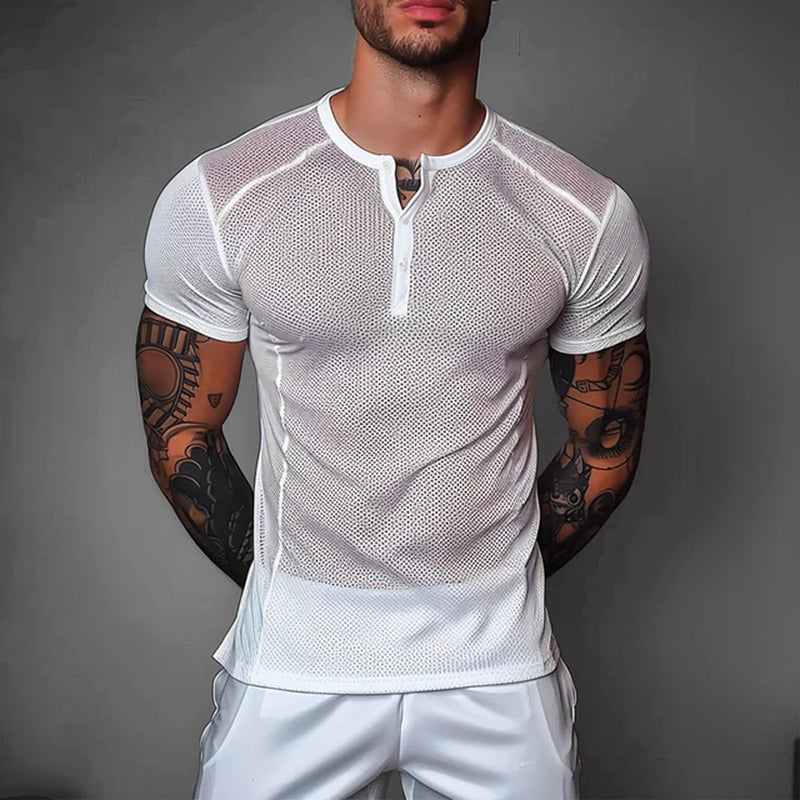 Casual Mesh Hollow Out Henley Shirt