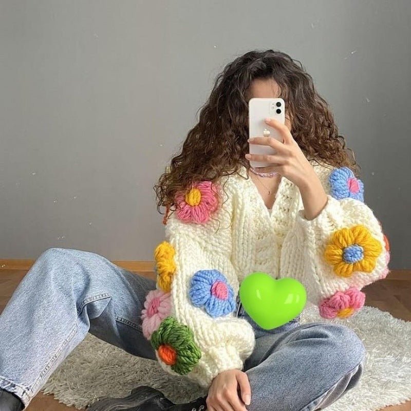 Handmade Three-dimensional Flower Lantern Sleeve Loose Sweater Cardigan