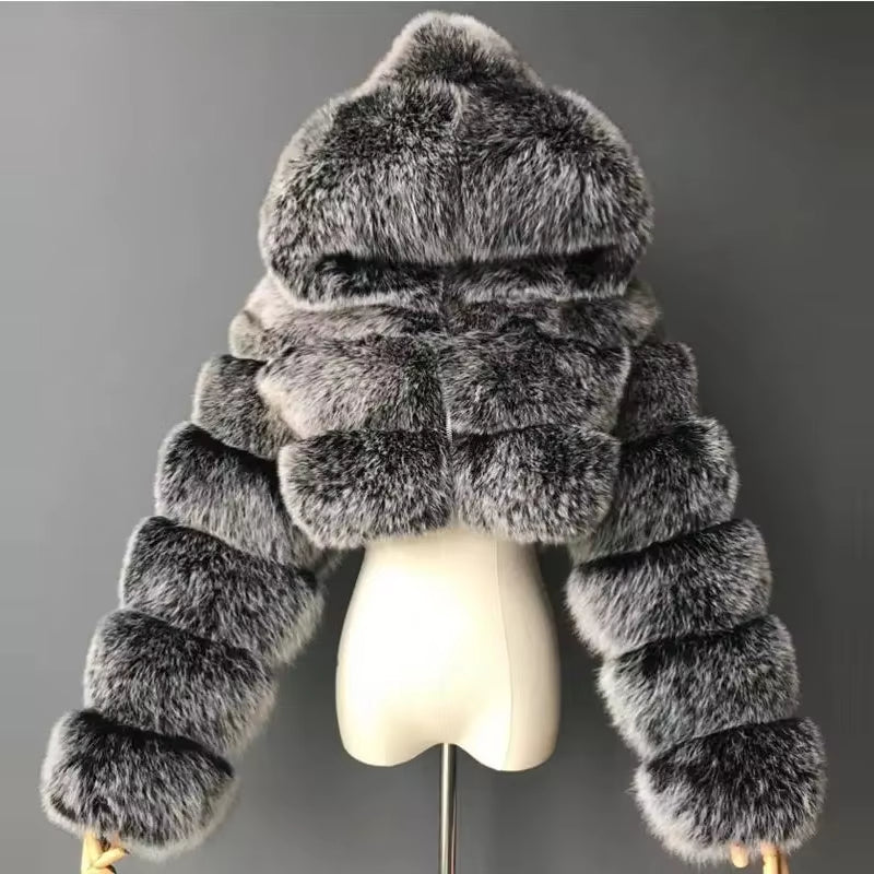 Hooded Fluffy Cropped Faux Fur Coats 