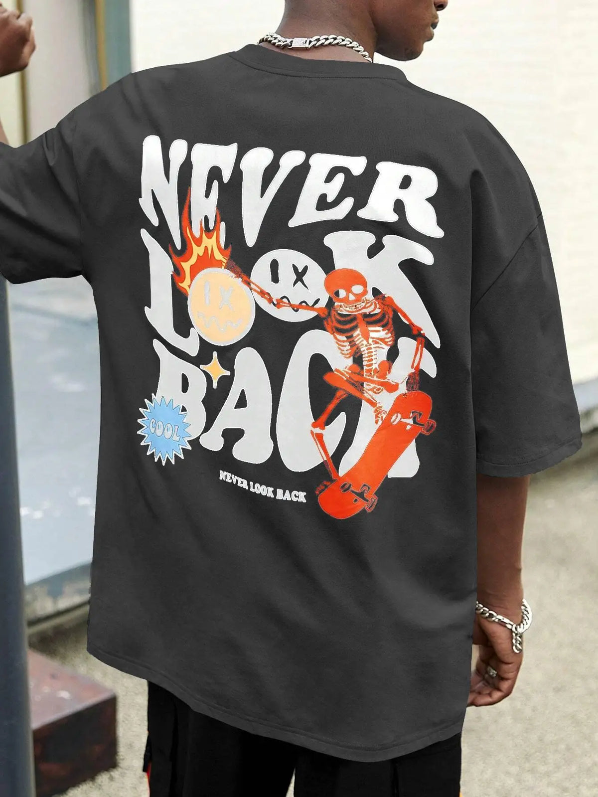 Never Look Back Cartoon Skeleton Crewneck Loose Tee