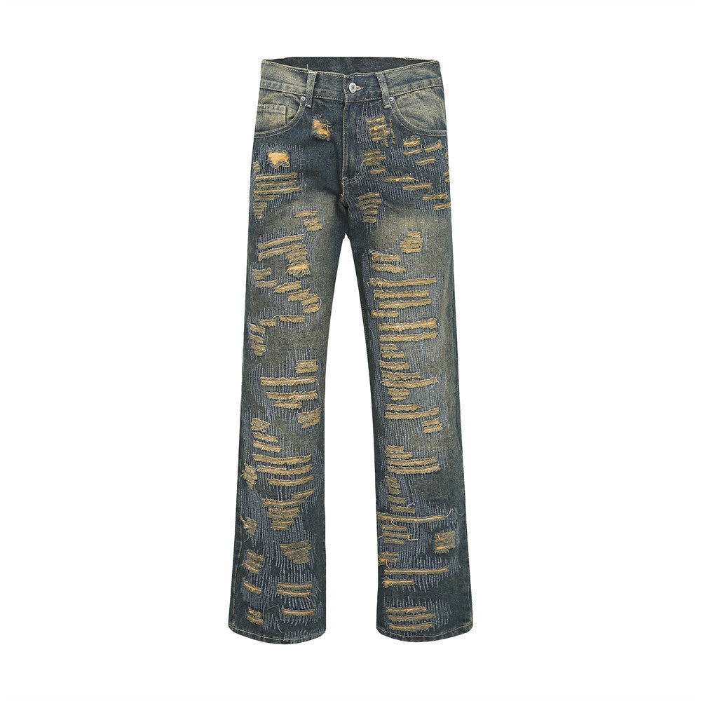 Men's High Distressed Ripped Embroidered Wide-leg Jeans