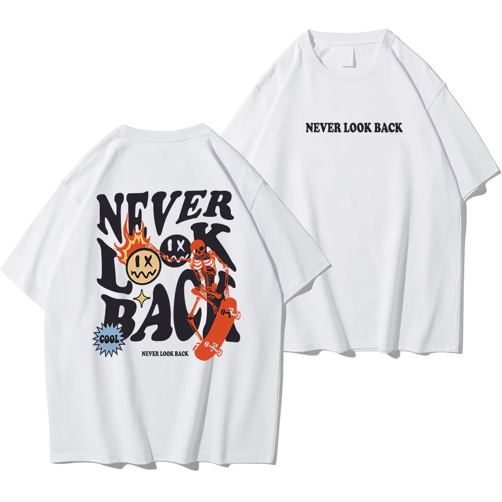 Never Look Back Cartoon Skeleton Crewneck Loose Tee