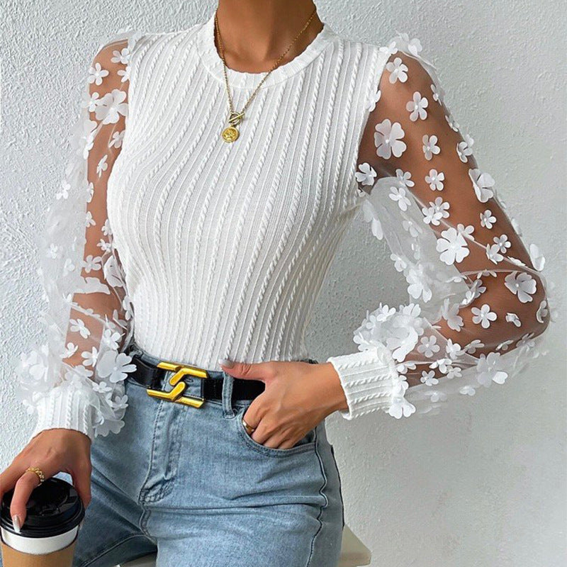 Floral Mesh Sleeve Ribbed Chiffon Top