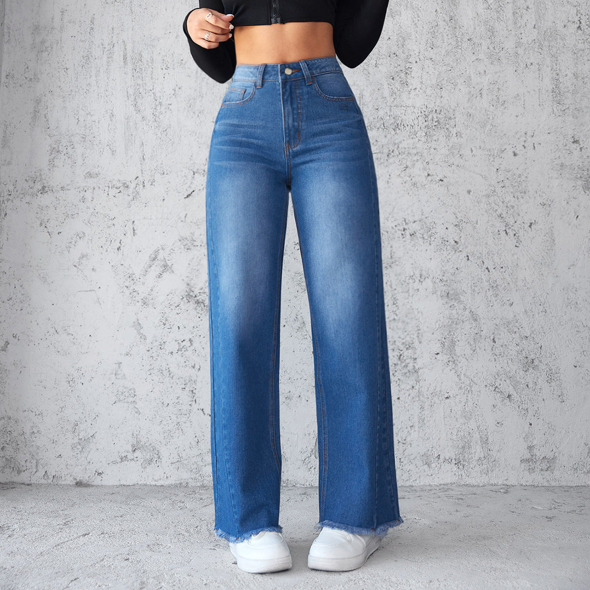 High-Waist Wide-leg Washed Blue Jeans